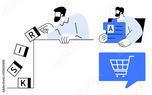 Businessmen managing risk by arranging falling blocks RISK, holding document A. Blue shopping cart icon. Ideal for business strategy, risk management, analytics, decision-making, financial planning