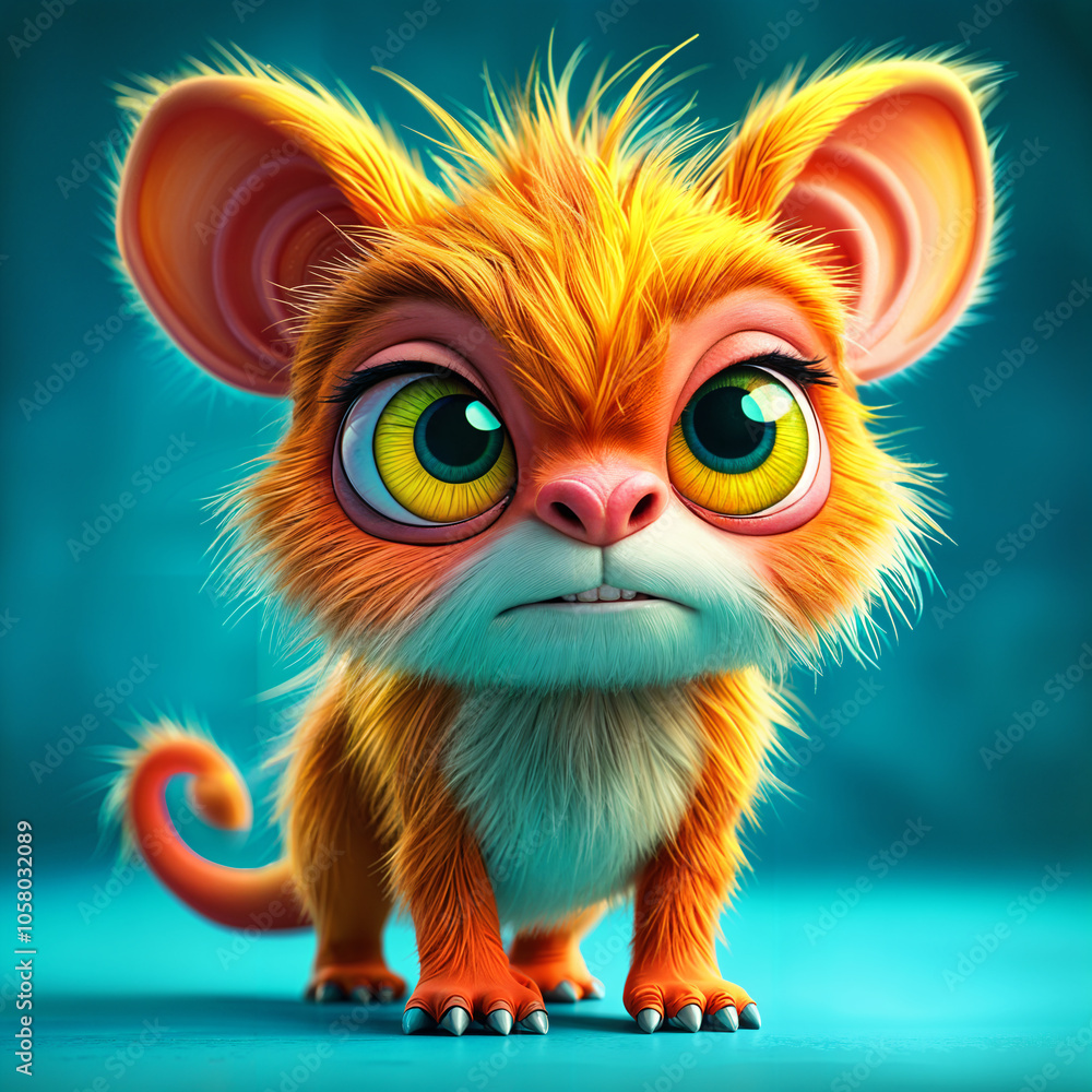 Obraz premium Cute, animated character of a small orange and white animal with big eyes and a fuzzy fur, standing against a blue background.