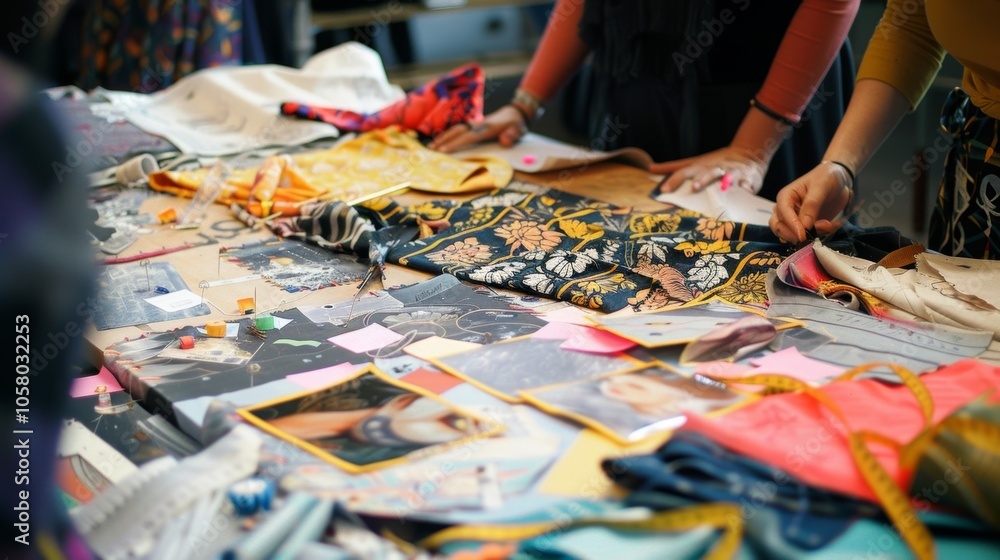 Two fashion designers are pinning floral fabric to a design board covered with sketches, fabric swatches, and a measuring tape Two fashion designers are pinning floral fabric to a design board covered with sketches, fabric swatches, and a measuring tape