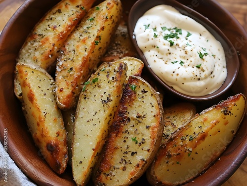 Herbed potato wedges with sour cream photo