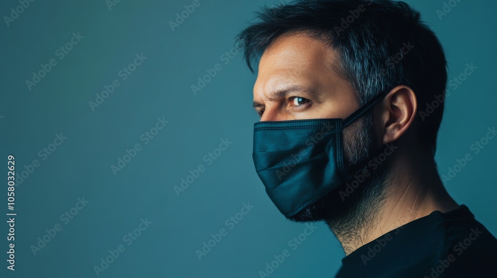 Profile of a man wearing a black mask, displaying a serious expression against a minimalist background. Profile of a man wearing a black mask, displaying a serious expression against a minimalist background.