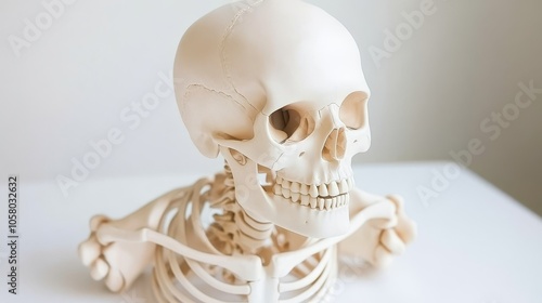 Realistic human skeleton model showcasing detailed anatomy for educational and artistic purposes. photo