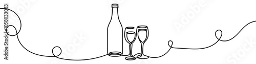 Bottle of wine and a glass are depicted in a continuous line drawing style. Vector illustration.