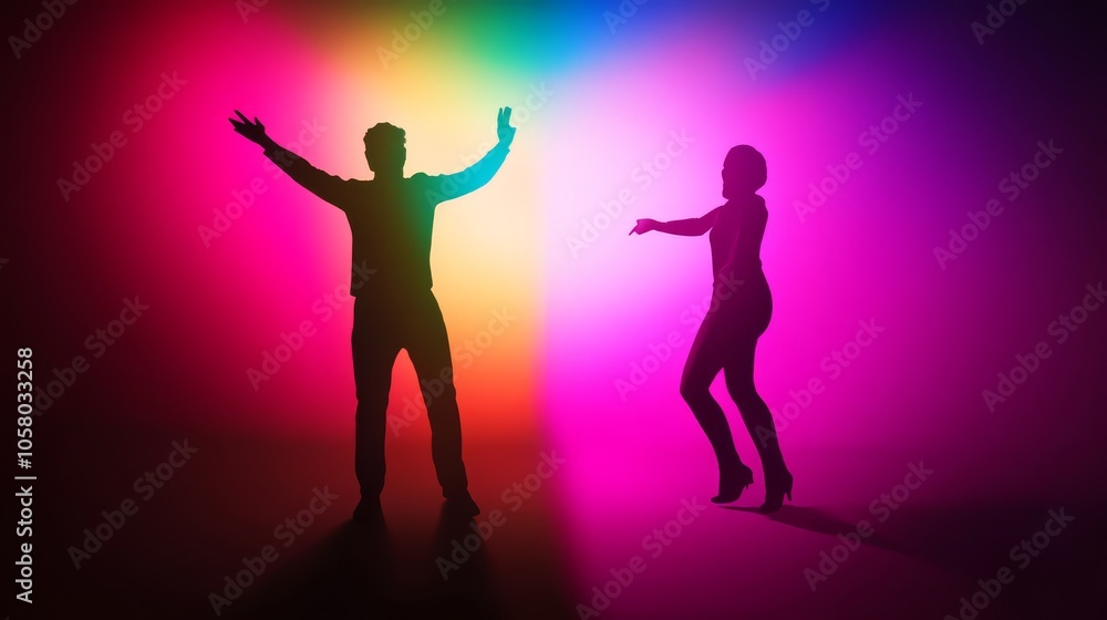 Silhouettes of a man and woman dancing against a vibrant rainbow light backdrop, celebrating joy and movement. Silhouettes of a man and woman dancing against a vibrant rainbow light backdrop, celebrating joy and movement.