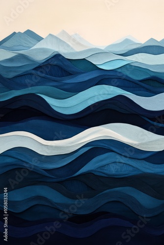 Abstract layered waves in various shades of blue, creating a serene landscape.