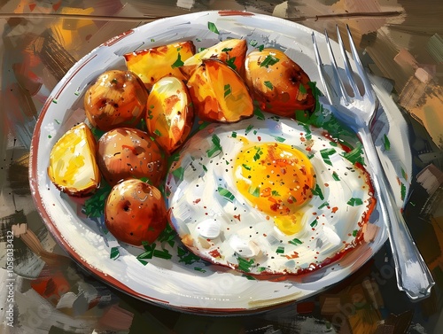 Leberkase with a fried egg and roast potatoes on a plate photo