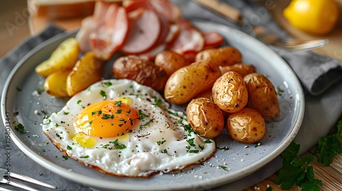 Leberkase with a fried egg and roast potatoes on a plate