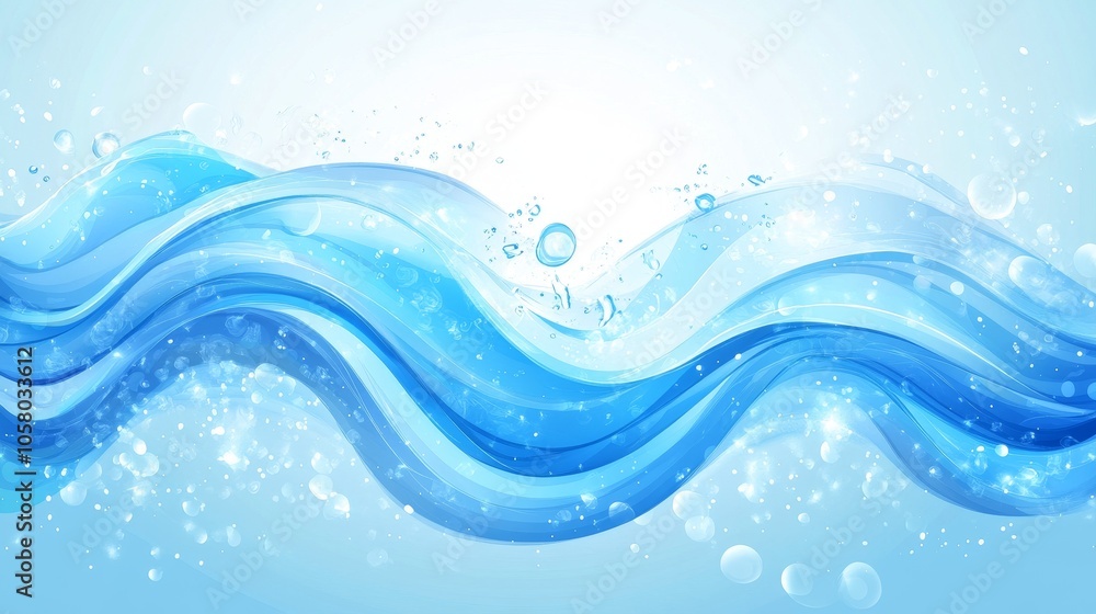 A vibrant illustration of refreshing water splashes with flowing blue waves and bubbles against a light background A vibrant illustration of refreshing water splashes with flowing blue waves and bubbles against a light background