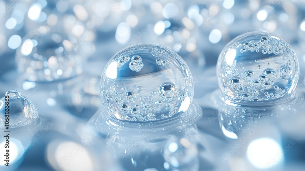 Close-up of transparent bubbles with reflections and light reflections on a smooth surface Close-up of transparent bubbles with reflections and light reflections on a smooth surface