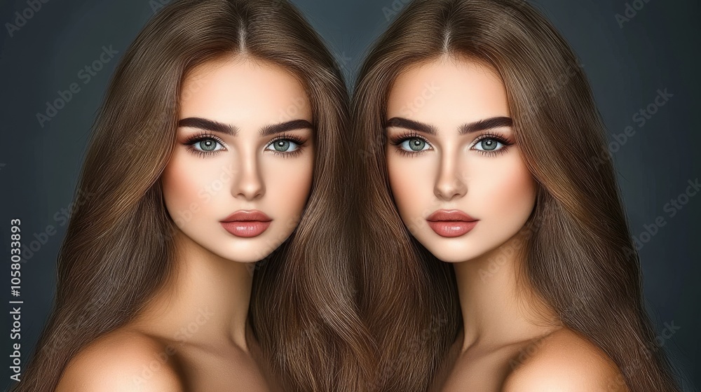 Stunning portrait of two beautiful women with long hair and striking features, highlighting elegance and symmetry. Stunning portrait of two beautiful women with long hair and striking features, highlighting elegance and symmetry.