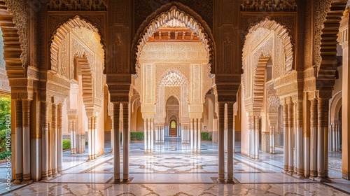 Majestic Moroccan Architecture: Intricate Columns and Arches in Ornate Hall