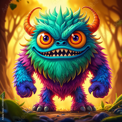 Vibrant, cartoon-style monster with blue and purple fur, standing in the middle of a forest with trees and leaves around it.