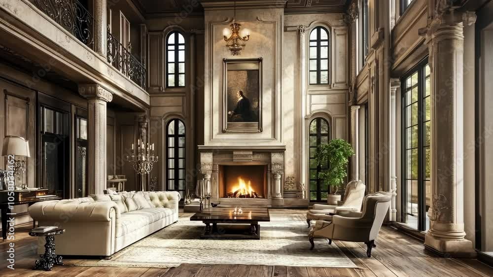 A luxurious living room with a large white sofa, a fireplace, and large windows A luxurious living room with a large white sofa, a fireplace, and large windows
