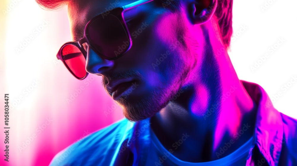 Stylish young man with sunglasses captured in vibrant neon light. Perfect for fashion or nightlife themes. Stylish young man with sunglasses captured in vibrant neon light. Perfect for fashion or nightlife themes.