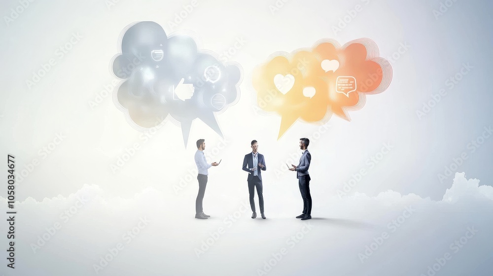 Three business professionals engage in communication, surrounded by colorful speech bubbles representing ideas and emotions. Three business professionals engage in communication, surrounded by colorful speech bubbles representing ideas and emotions.