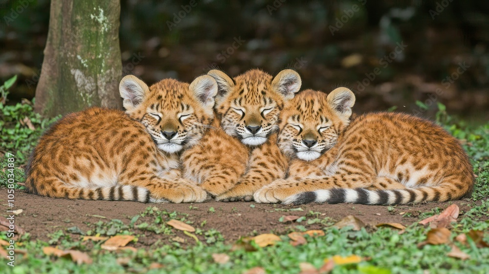 Obraz premium Three playful leopard cubs resting together in a serene natural setting, showcasing their beautiful spotted fur and peaceful demeanor.