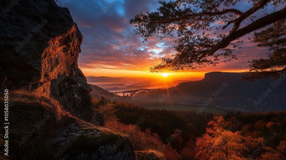 Obraz premium Sunrise over a valley with a bridge and mountains in the distance, seen through the branches of a tree.