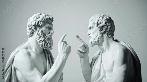 Two ancient philosophers in a heated debate, showcasing intense discussion and intellectual confrontation in classic marble style. photo