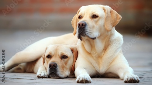 Two adorable yellow labrador dogs relaxing together on a warm day, showcasing their playful and loving nature.