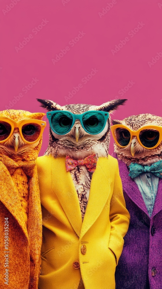 Fototapeta premium Stylish Owls with Sunglasses Against Vibrant Pink Background