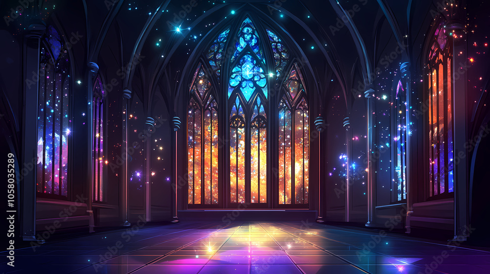 Mystical cathedral interior with starry stained glass window. Gothic Cathedral. Illustration Mystical cathedral interior with starry stained glass window. Gothic Cathedral. Illustration