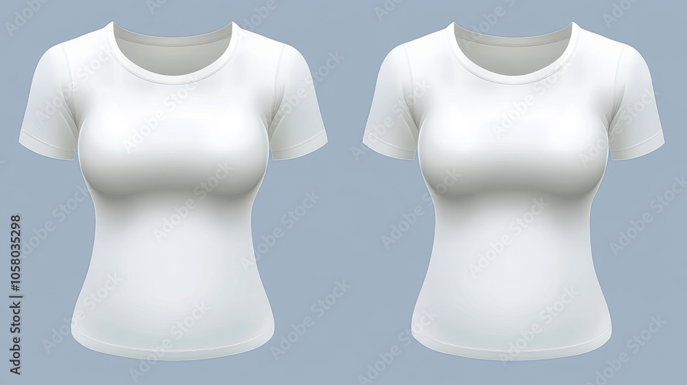 Two fitted white t-shirts displayed against a gray background, ideal for showcasing clothing designs or promotions. Two fitted white t-shirts displayed against a gray background, ideal for showcasing clothing designs or promotions.