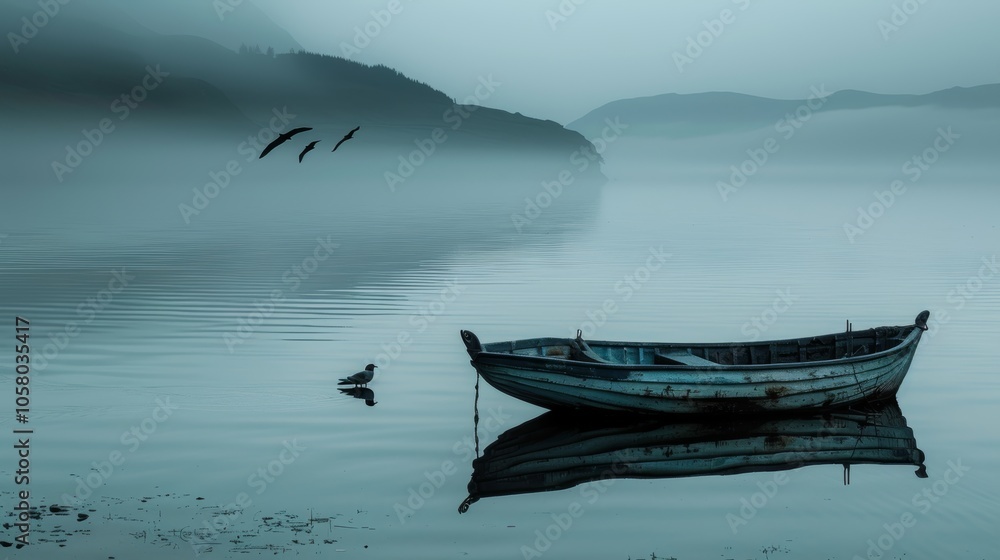 Blue Hour Tranquility, Foggy Lake with an Old Wooden Boat, Atmospheric Landscape Photography Blue Hour Tranquility, Foggy Lake with an Old Wooden Boat, Atmospheric Landscape Photography