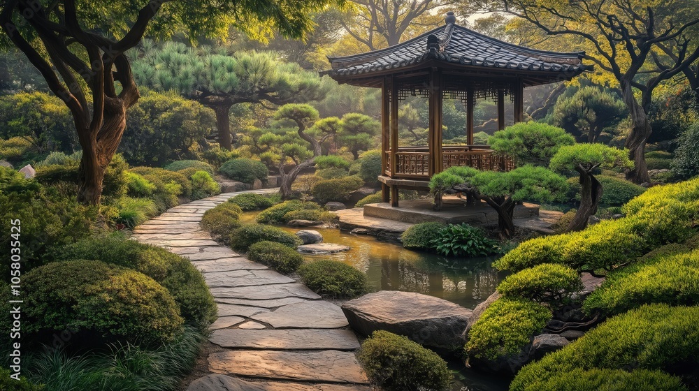 Fototapeta premium A serene Japanese garden featuring a traditional pavilion surrounded by lush greenery and a winding stone path.