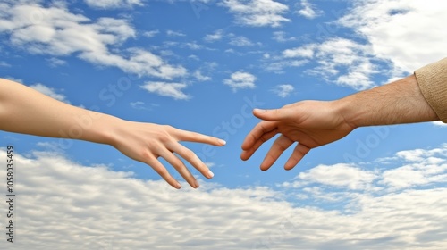 Two hands reaching towards each other against a bright blue sky, symbolizing connection, unity, and hope.