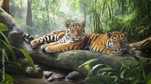 Two majestic tigers resting on a log in a lush jungle, surrounded by vibrant green foliage and a serene atmosphere. photo