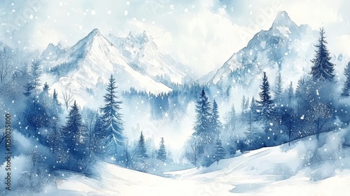 Serene Winter Landscape with Snowy Mountains and Pine Trees