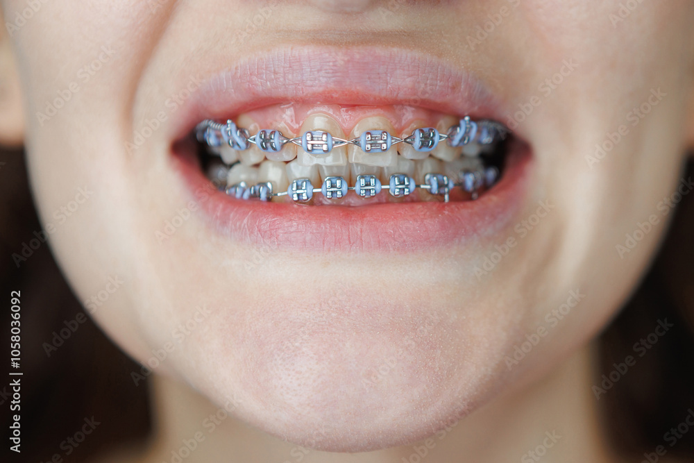 This image shows a close up of a persons mouth featuring braces on ...