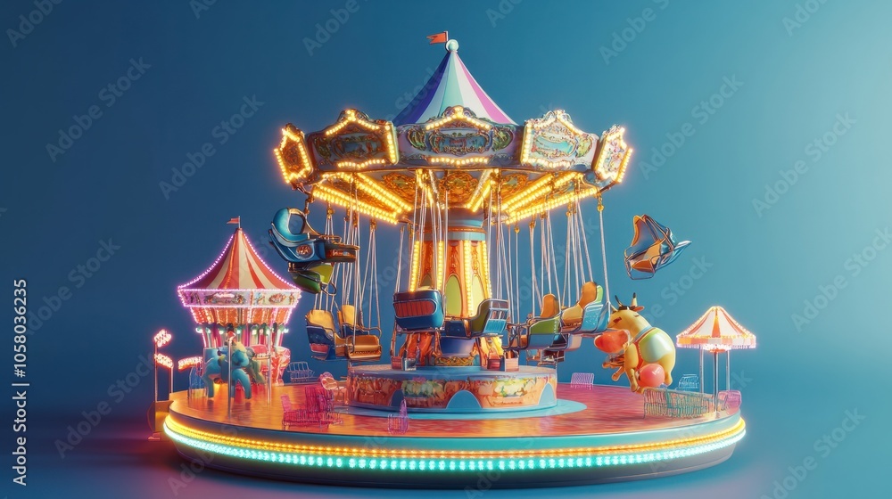 Obraz premium amusement park rides, including a swing ride and carousel, highlighted on a bold solid background for clarity and focus