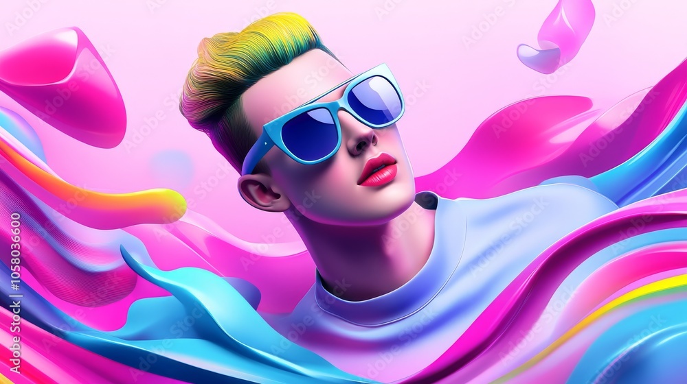 Vibrant portrait of a stylish young man with colorful hair and sunglasses, set against a dynamic, abstract background. Vibrant portrait of a stylish young man with colorful hair and sunglasses, set against a dynamic, abstract background.