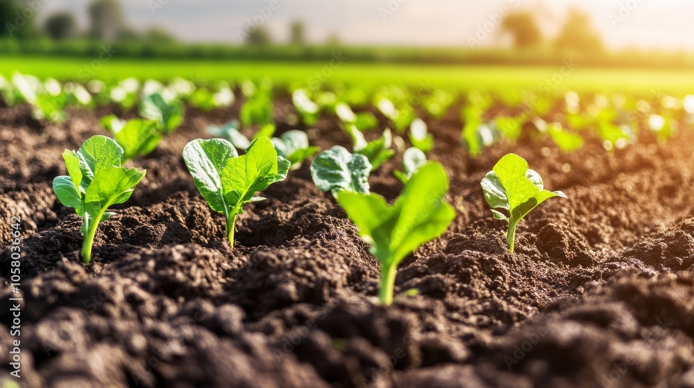 Vibrant seedlings grow in rich soil under a warm sun, representing the essence of nature and agriculture in early growth stages. Vibrant seedlings grow in rich soil under a warm sun, representing the essence of nature and agriculture in early growth stages.