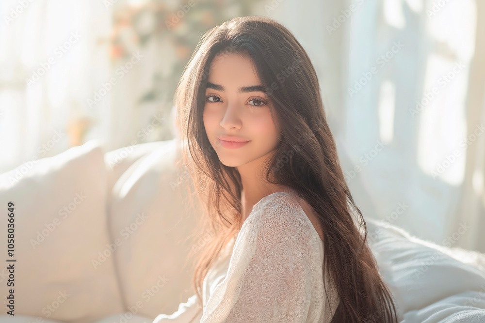 Young arabian woman with long dark hair sitting on a couch in soft natural light, smiling gently with a calm expression Young arabian woman with long dark hair sitting on a couch in soft natural light, smiling gently with a calm expression