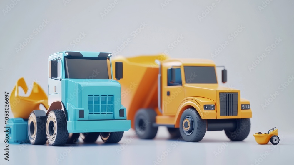 Vibrant toy trucks in blue and orange, perfect for children's playtime and construction themes. Vibrant toy trucks in blue and orange, perfect for children's playtime and construction themes.