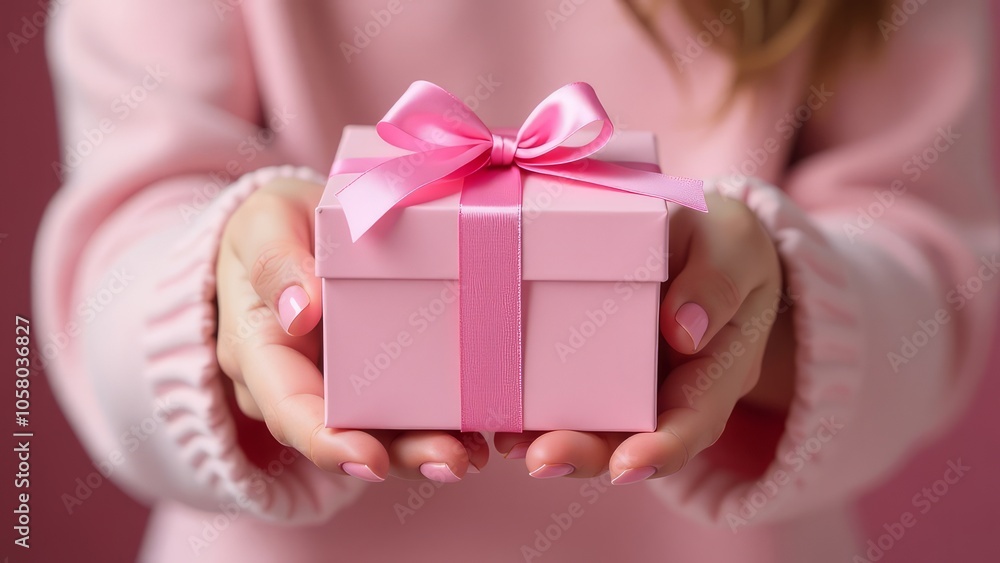 Close-up photo of girl in pink sweater and with pink manicure holding pink gift box Close-up photo of girl in pink sweater and with pink manicure holding pink gift box