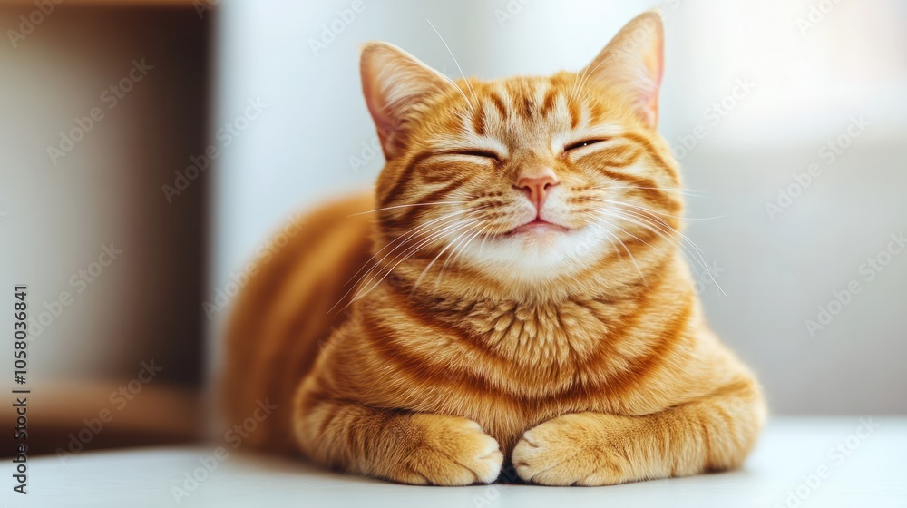 Fototapeta premium A charming large orange cat sitting comfortably and grinning widely, its big eyes sparkling with mischief, captured beautifully on a clean