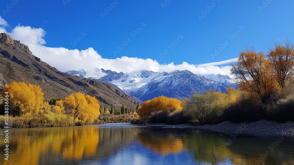 Fototapeta premium Serene Autumn Landscape with Mountain Reflections and Clear Blue Sky