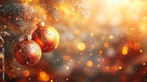 decorated Christmas tree adorned with shimmering gold ornaments and a warm, glowing background of bokeh lights.