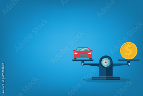 Car and coin on the scale. Vehicle value concept	