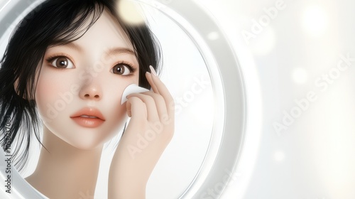 Asian woman with big, beautiful eyes wiping off makeup from her face, standing in front of a mirror, framed by a clean white background. photo