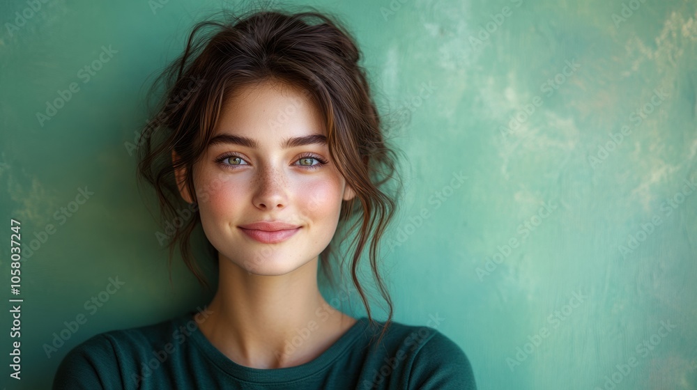 Close-up portrait of smiling woman in front of green textured wall, natural light highlighting casual beauty, relaxed pose, soft expression, minimalist style, calm and inviting mood Close-up portrait of smiling woman in front of green textured wall, natural light highlighting casual beauty, relaxed pose, soft expression, minimalist style, calm and inviting mood