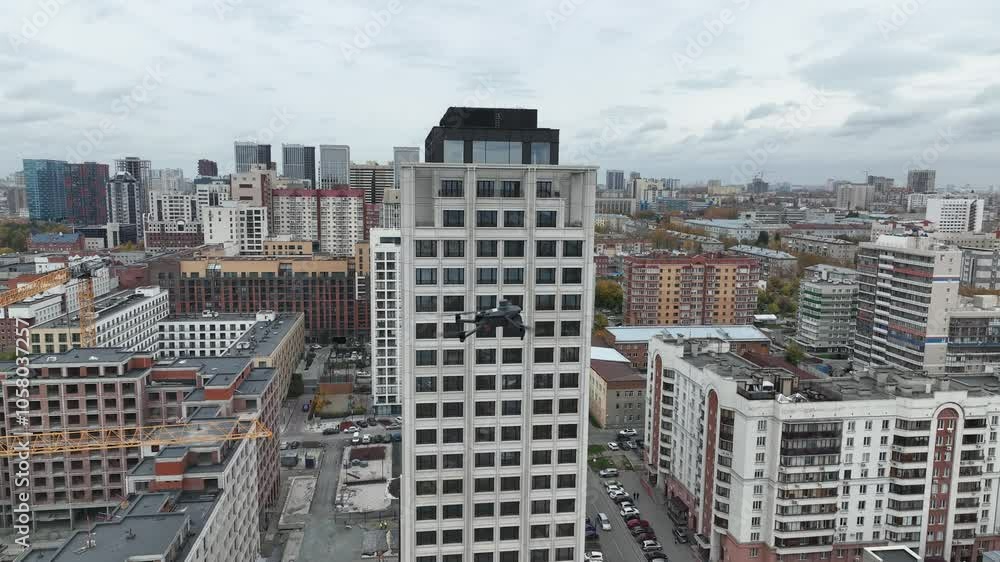 View of a drone flying over a city. 