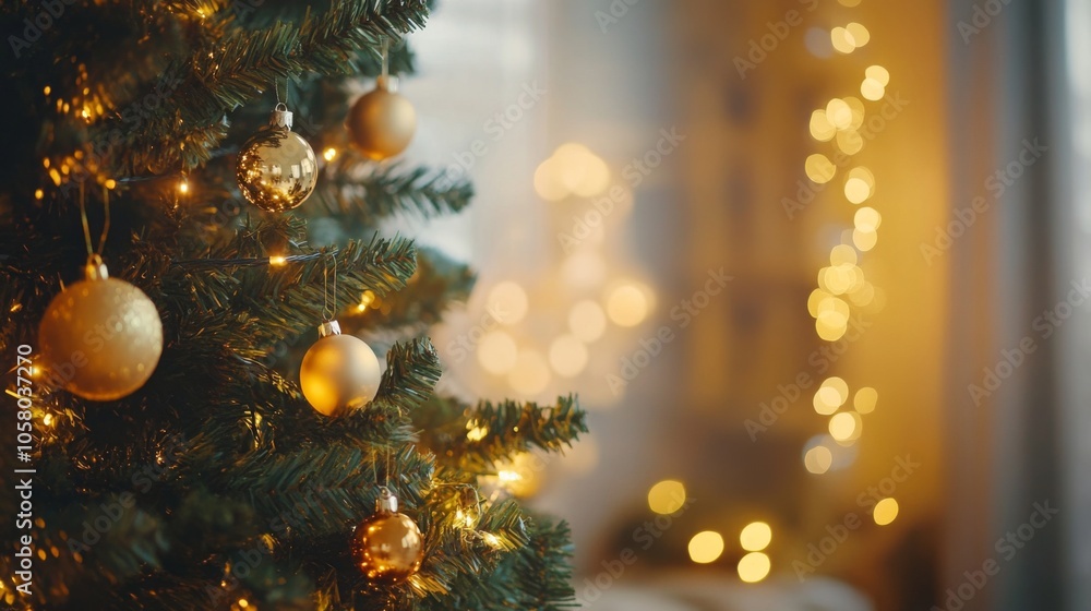 decorated Christmas tree adorned with shimmering gold ornaments and a warm, glowing background of bokeh lights. decorated Christmas tree adorned with shimmering gold ornaments and a warm, glowing background of bokeh lights.