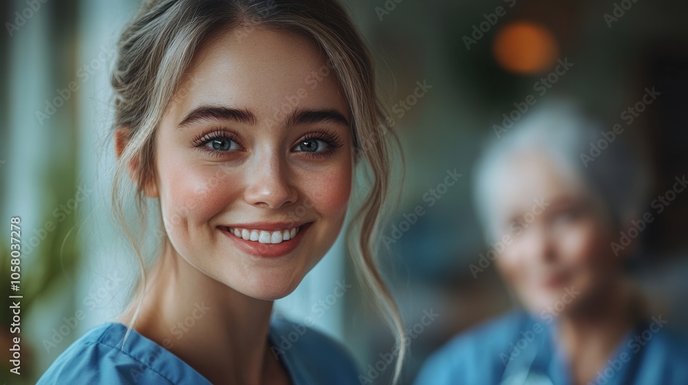 Close-up of smiling female healthcare worker in blue scrubs, cheerful expression, hospital setting, compassionate nurse, patient care, warm atmosphere, medical professional portrait, healthcare Close-up of smiling female healthcare worker in blue scrubs, cheerful expression, hospital setting, compassionate nurse, patient care, warm atmosphere, medical professional portrait, healthcare