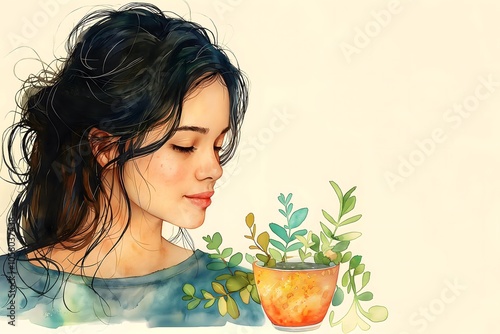 A woman stands in her garden, gently contemplating a potted plant against a clean white background