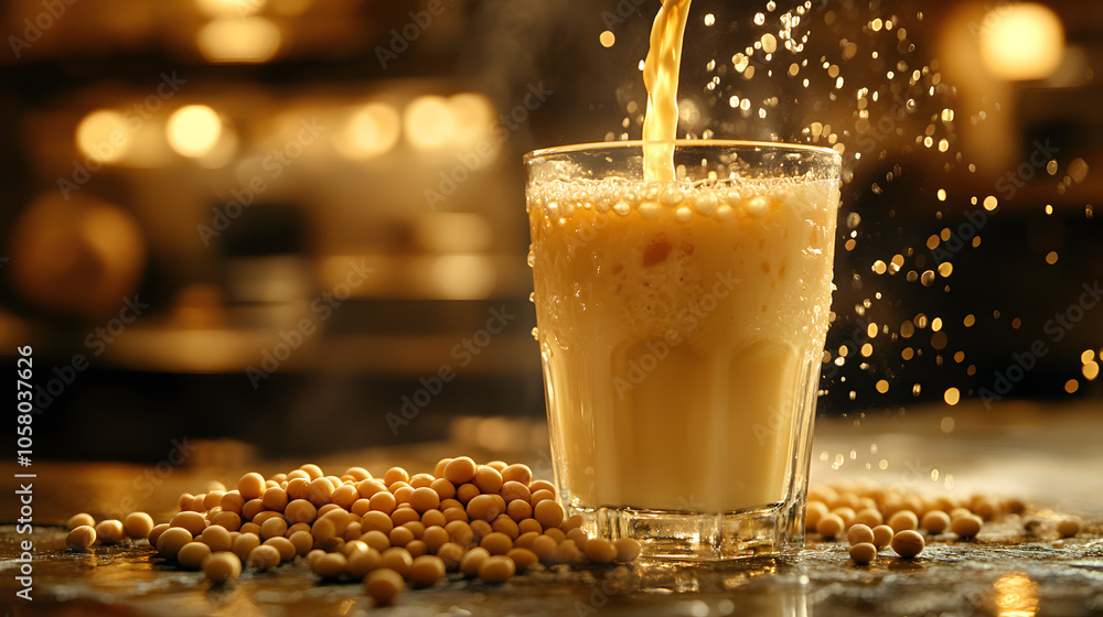 Glowing, golden soy milk being poured into a glass
