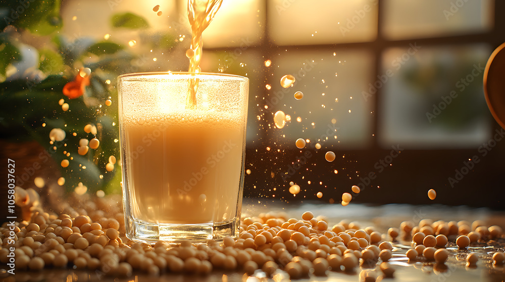 Glowing, golden soy milk being poured into a glass